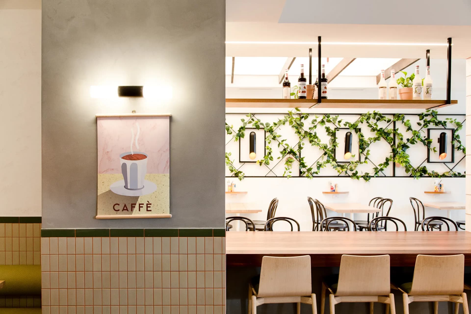Cucina on Hay wide interior showing Caffe art print on the wall